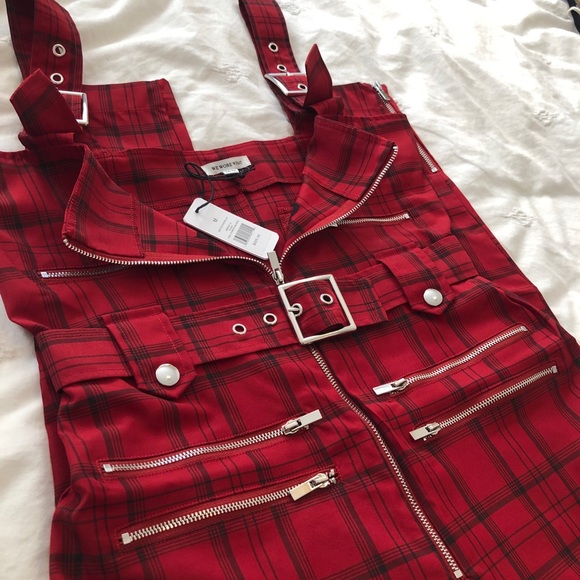 WeWoreWhat Denim - WeWoreWhat Moto Overalls Red Plaid M